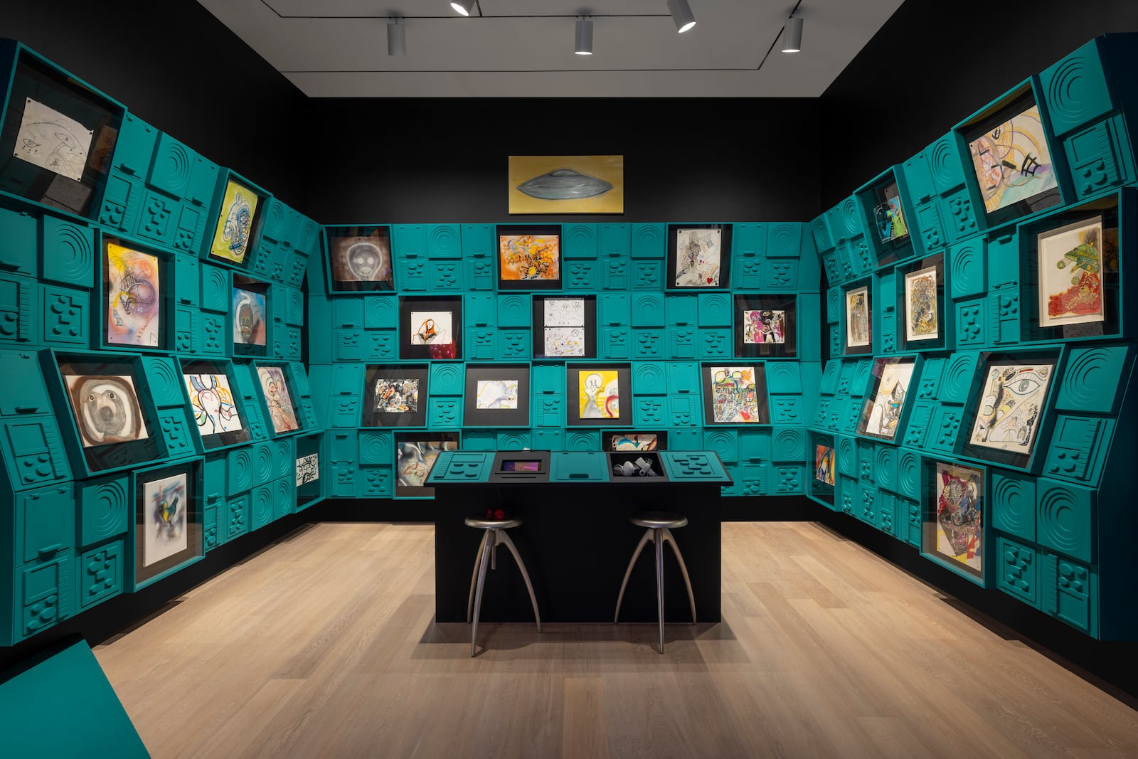 A control room area inside George Clinton's ”Cloaked in a Cloud, Disguised in the Sky” exhibition at SCAD Museum of Art in Savannah, Ga.