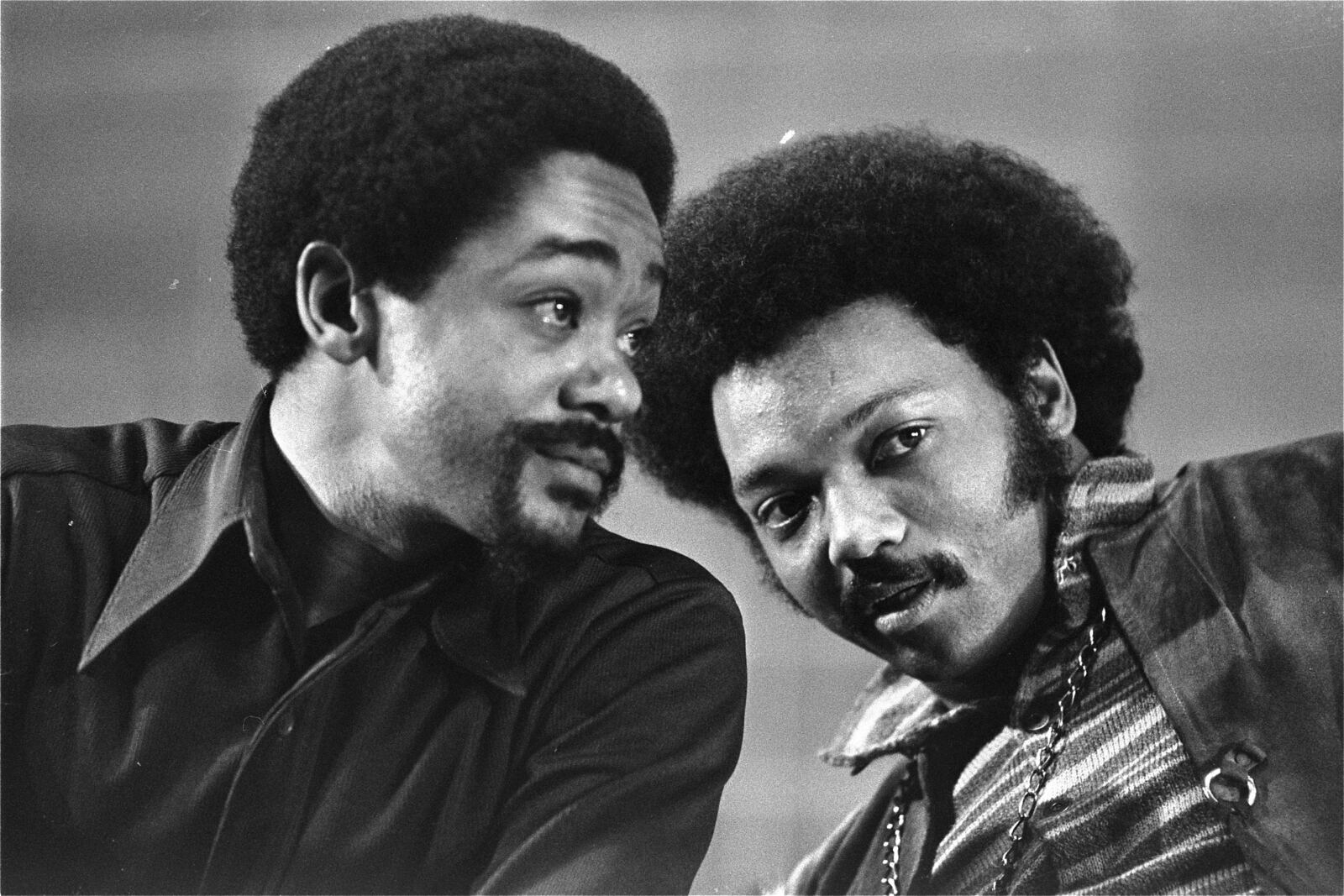 The Rev. Jesse Jackson (right) confers with Bobby Seale, co-founder of the Black Panther Party, at the National Black Political Convention in Gary, Ind., in 1972. Jackson called his Afro "radical," and Seale helped make the style a symbol of Black Power. (AP file)