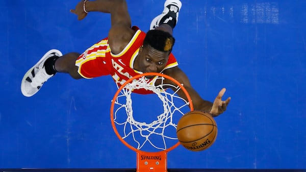 Hawks' Clint Capela goes up for a shot during the second half against the Philadelphia 76ers, Friday, April 30, 2021, in Philadelphia. (Matt Slocum/AP)