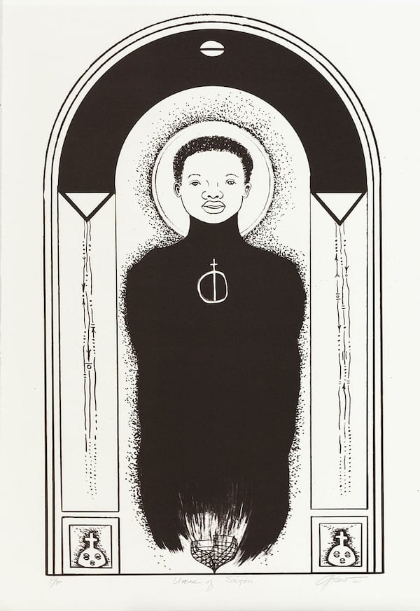 In “Umar of Segou” (2001), Arturo Lindsay illustrated an anonymous yet haloed young boy with facial features rendered in thin, symmetric lines. (Courtesy)