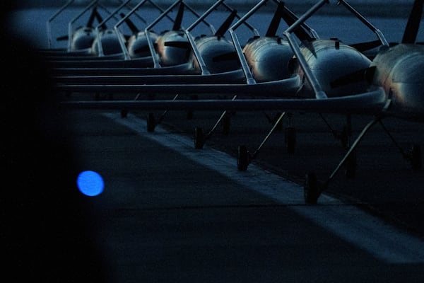 Long-range drones An-196 Liutyi of the Defence Intelligence of Ukraine stand in line before takeoff in undisclosed location, Ukraine, Feb. 28, 2025. (AP Photo/Evgeniy Maloletka)