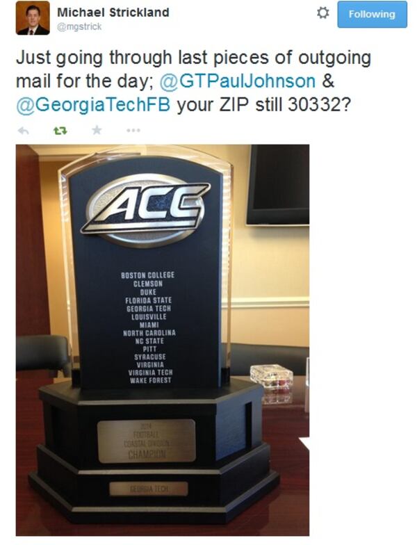 The ACC Coastal Division championship trophy, headed for Georgia Tech. (ACC)