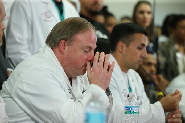 Drs. Will Harvon, left, and Joseph Ibrahim at the news conference at Orlando Regional Medical Center. AJC photos: Curtis Compton