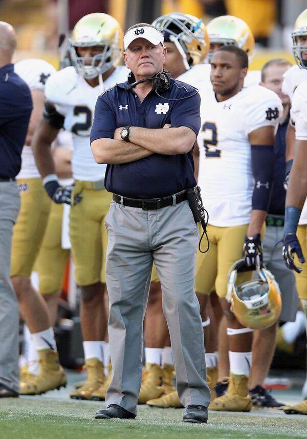 Notre Dame coach Brian Kelly has previously at Grand Valley State, Central Michigan and Cincinnati before being hired at Notre Dame before the 2010 season. (GETTY IMAGES)