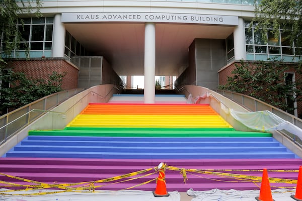 A mural designed by the Georgia Tech Pride Alliance president Lisa Medford is a work in progress on the steps of the Christopher W. Klaus Advanced Computing Building at Georgia Tech’s campus on Wednesday, July 14, 2021. (Christine Tannous / christine.tannous@ajc.com)