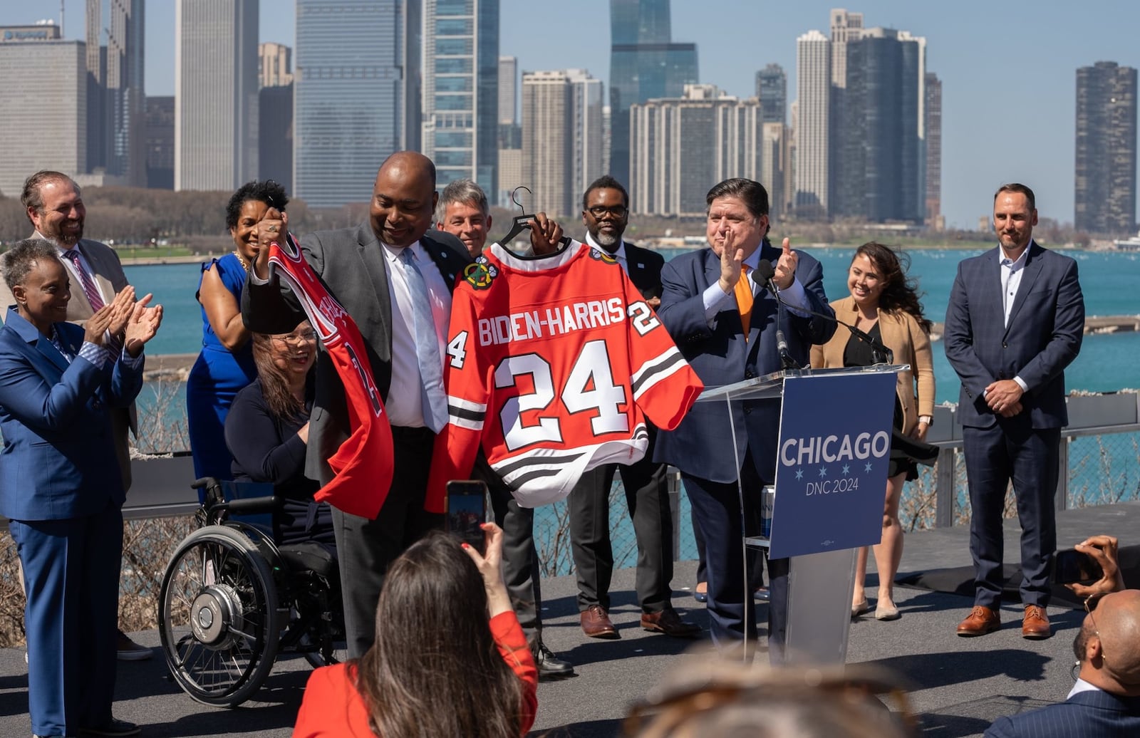 DNC chair Jaime Harrison celebrates Chicago’s winning bid for the Democratic National Convention on April 12, 2023. Special. 