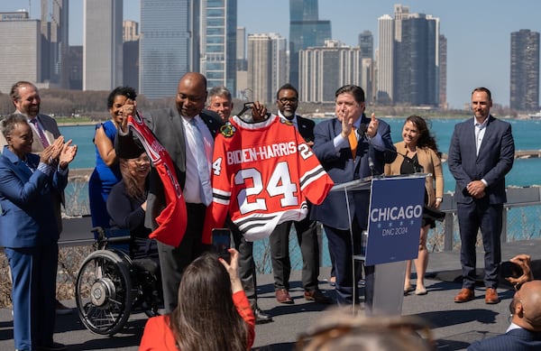 DNC chair Jaime Harrison celebrates Chicago’s winning bid for the Democratic National Convention on April 12, 2023. Special. 