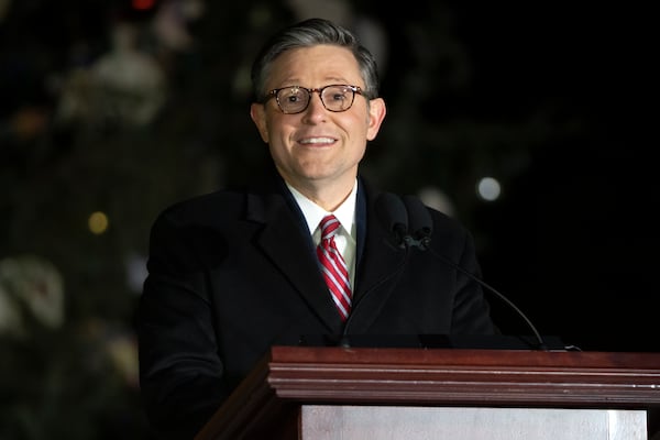 House Speaker Mike Johnson of La., speaks during the U.S. Capitol Christmas tree lighting ceremony on the West Front of the Capitol, Tuesday, Dec. 3, 2024, in Washington. (AP Photo/Mark Schiefelbein)