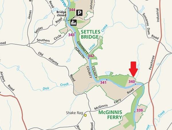 The Chattahoochee River National Recreation Area is 55 acres bigger after the purchase of a key property, highlighted above with a red arrow. (Map via National Park Service)