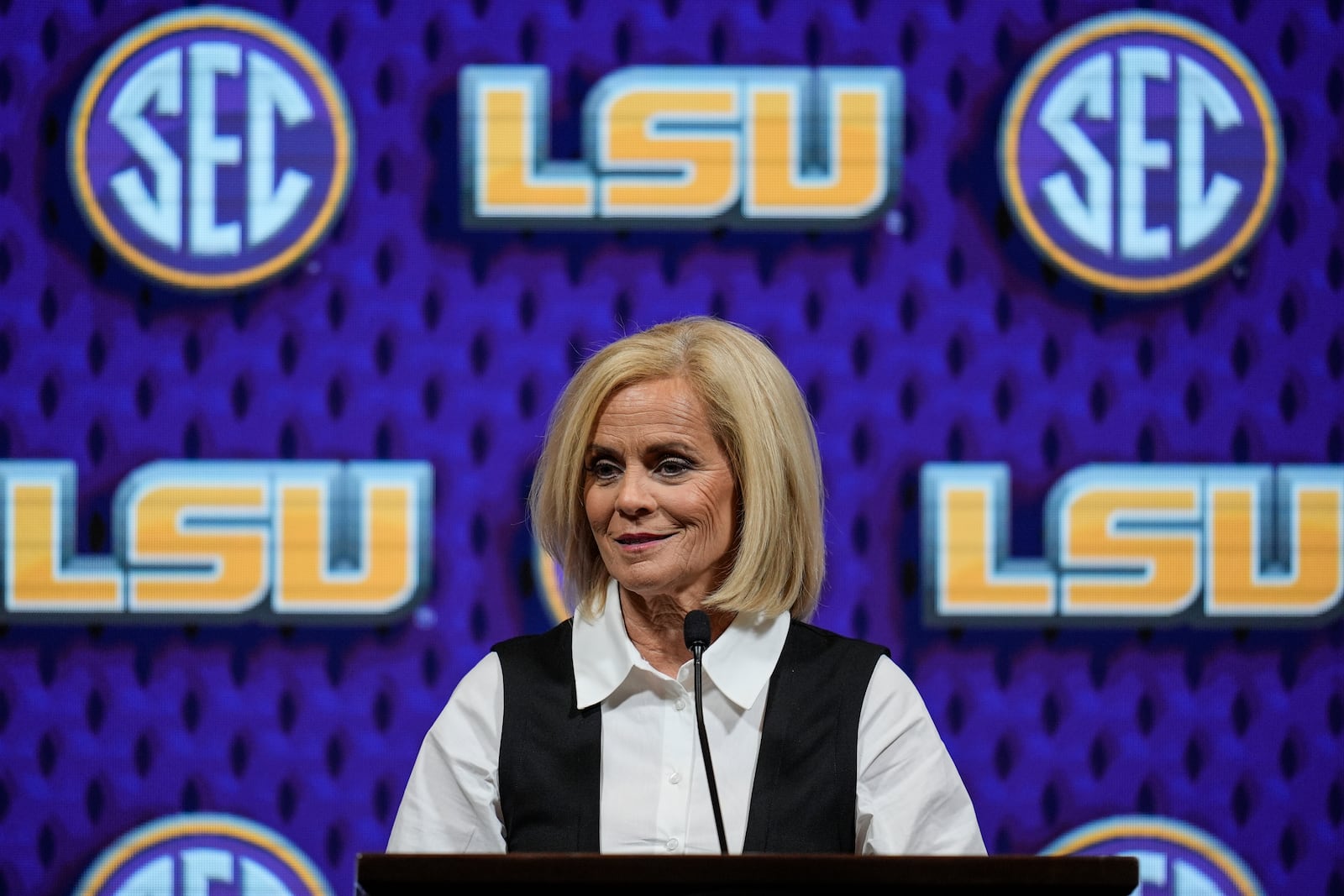 LSU head coach Kim Mulkey speaks during NCAA college basketball Southeastern Conference Media Day, Wednesday, Oct. 16, 2024, in Birmingham, Ala. (AP Photo/Mike Stewart)