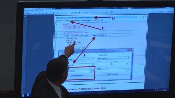 Digital forensics expert Jim Persinger shows that a computer owned by Justin Ross Harris had its browser search history manually deleted, during Harris' murder trial at the Glynn County Courthouse in Brunswick, Ga., on Thursday, Oct. 27, 2016. Persinger said that a search for "how to survive in prison" had been conducted and later deleted. (screen capture via WSB-TV)