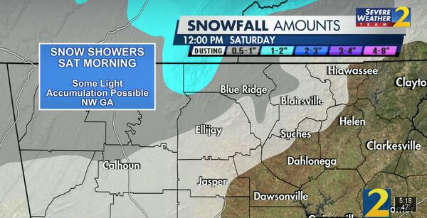 Snow showers are possible Saturday morning as a strong cold front moves into North Georgia, according to Channel 2 Action News.