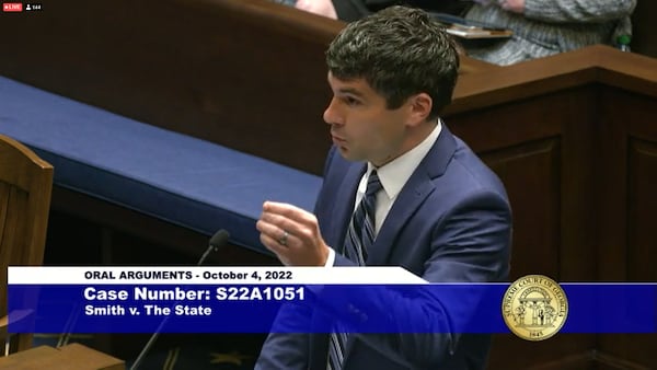 Southern Center for Human Rights attorney Mark Loudon-Brown, arguing before the Georgia Supreme Court on Oct. 4, 2022. The court later ruled that Gwinnett County Superior Court Judge Ronnie Batchelor should conduct an evidentiary hearing on Danyel Smith's extraordinary motion for a new trial. (Pete Corson/AJC)