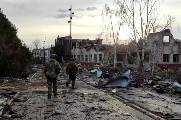 This photo taken from a video released by Russian Defense Ministry Press Service on Saturday, March 15, 2025, shows a view of Sudzha, the biggest town in the Kursk region of Russia after it was taken over by Russian troops. (Russian Defense Ministry Press Service via AP)