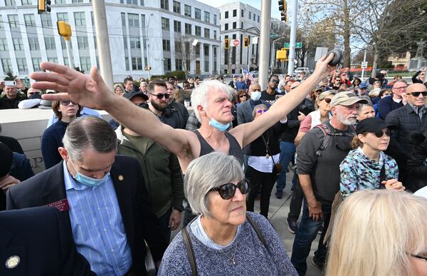 Participants gathered at Liberty Plaza to pray for Georgians to vote for candidates with distinctly biblical values during the Georgia Prayer March event in Atlanta on Saturday, Jan. 2, 2021. (Hyosub Shin / Hyosub.Shin@ajc.com)