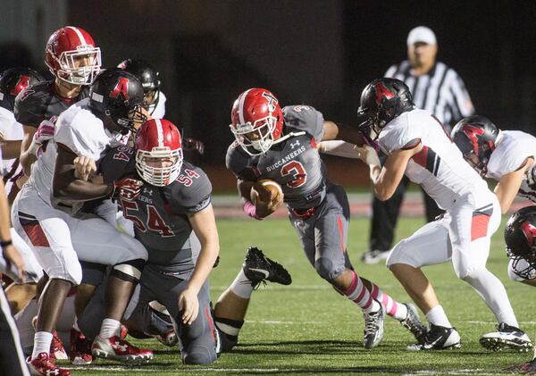 Allatoona High School Running Back Russell Halimon (3) runs for yardage against Alexander High School during the first half of a high school football game, Friday, Oct. 2, 2015, in Acworth, Ga. BRANDEN CAMP/SPECIAL