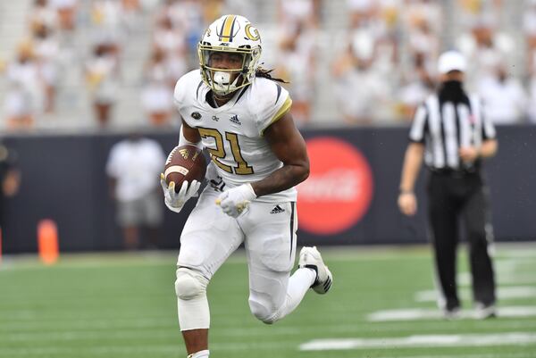 September 19, 2020 Atlanta - Georgia Tech's running back Jahmyr Gibbs (21) runs for a touchdown during the second half of an NCAA college football game at Georgia Tech's Bobby Dodd Stadium in Atlanta on Saturday, September 19, 2020. UCF won 49-21 over the Georgia Tech. (Hyosub Shin / Hyosub.Shin@ajc.com)