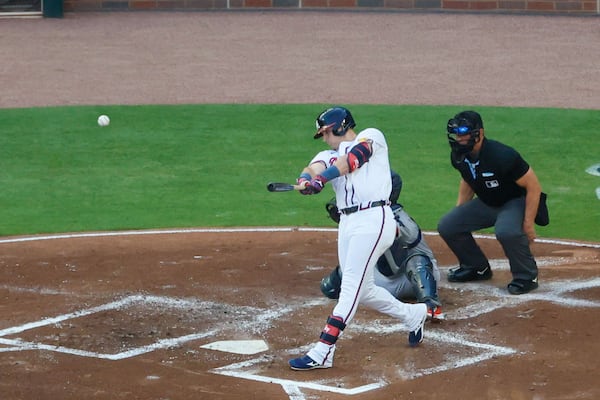 Atlanta Braves third base Austin Riley (27) hits during the first inning against the Boston Red Sox at Truist Park on Tuesday, May 7, 2024, in Atlanta.

(Miguel Martinez/ AJC)