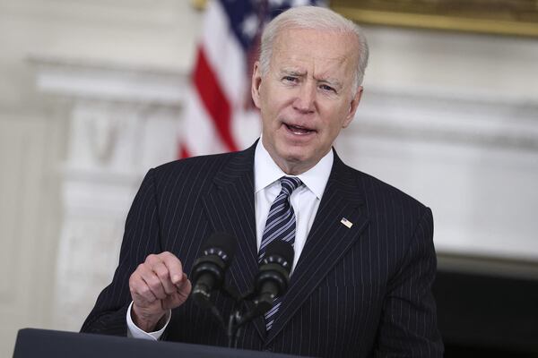 President Joe Biden speaks in the State Dinning Room on Tuesday, April 6, 2021 in Washington, DC.Â (Photo by Oliver Contreras/Pool/ABACAPRESS.COM/TNS)