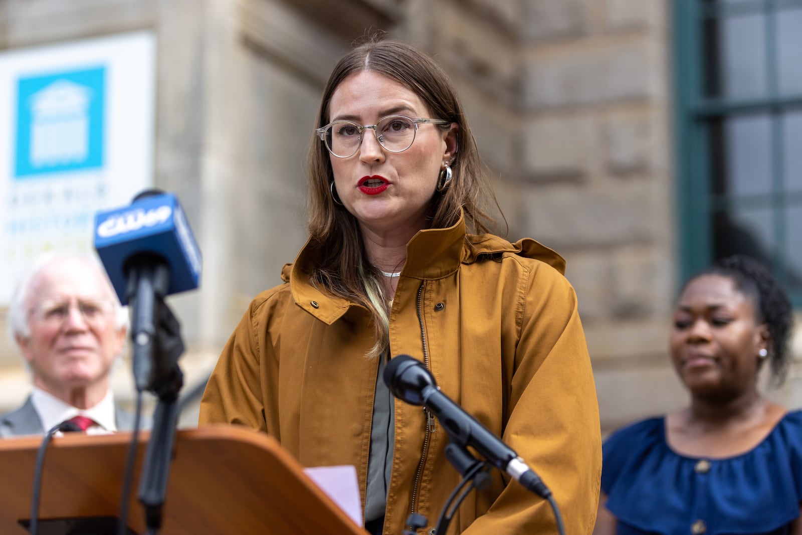 Plaintiff Jacqueline Dougherty speaks at a press conference in Decatur on Monday, July 10, 2023. Four residents of unincorporated DeKalb County are suing the city of Atlanta and the state of Georgia to be able to collect signatures in the effort to get the public safety training center on the ballot as a referendum. (Arvin Temkar / arvin.temkar@ajc.com)