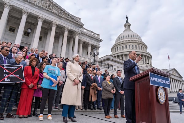 House Minority Leader Hakeem Jeffries, a New York Democrat, speaks against the Republican budget plan on the House steps at the Capitol in Washington on Tuesday.