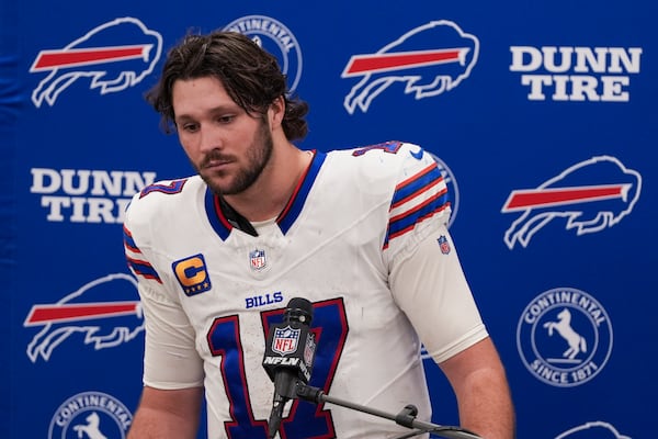 Buffalo Bills quarterback Josh Allen speaks to reporters following an NFL football game against the Los Angeles Rams, Sunday, Dec. 8, 2024, in Inglewood, Calif. The Rams won 44-42. (AP Photo/Gregory Bull)