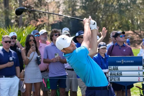 Jordan Spieth hits his tee shot on the ninth hole during the first round of The Players Championship golf tournament Thursday, March 13, 2025, in Ponte Vedra Beach, Fla. (AP Photo/Julia Demaree Nikhinson)