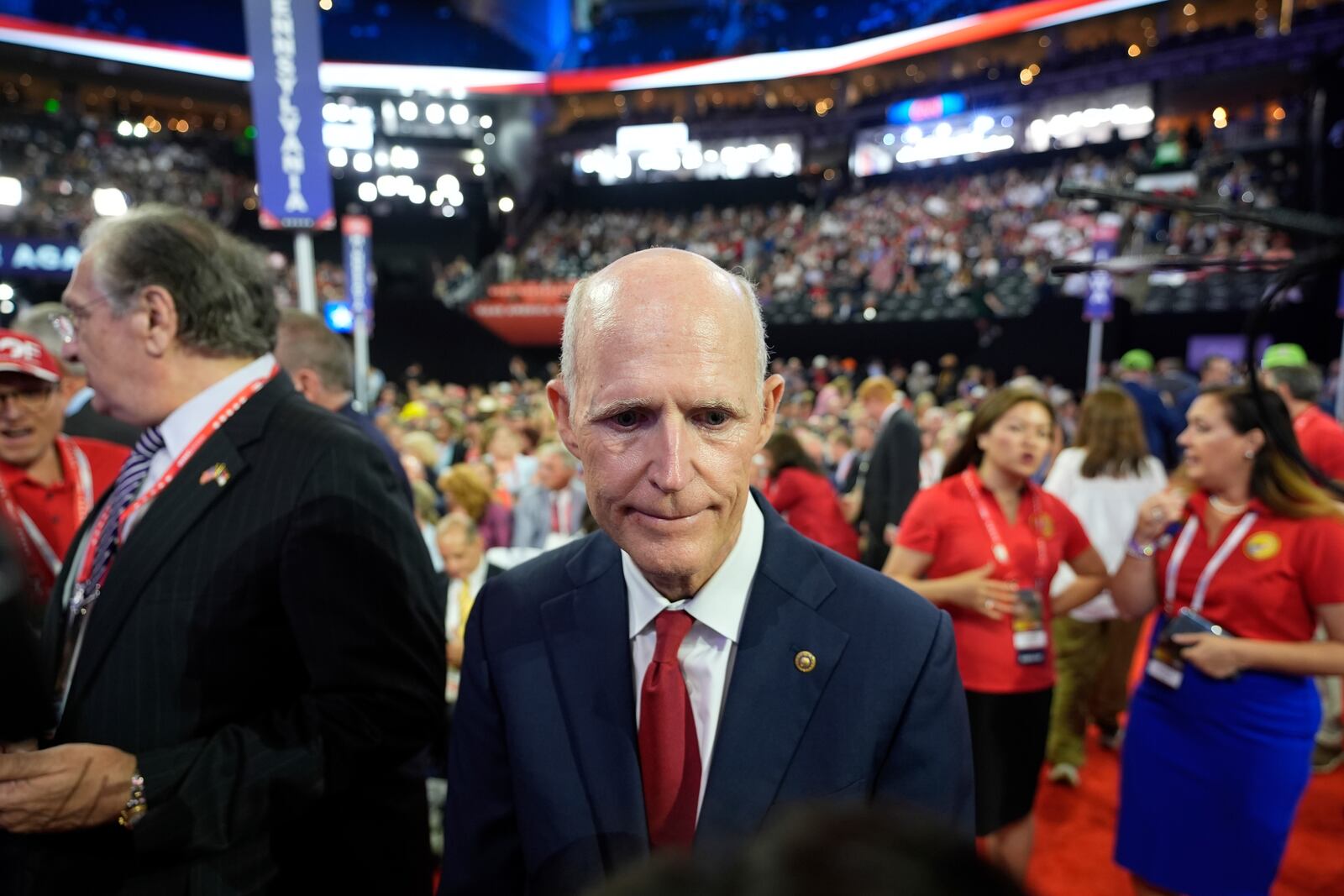 FILE - Sen. Rick Scott, R-Fla., walks on the convention floor during the Republican National Convention Tuesday, July 16, 2024, in Milwaukee. (AP Photo/Paul Sancya, File)