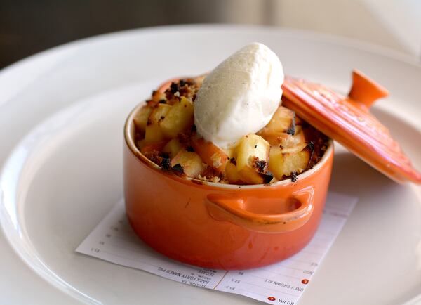 Hugo's Oyster Bar serves up an apple crisp a la mode with brown butter gelato. Credit: Jeff Moore