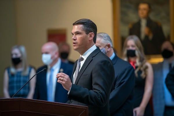 Lt. Gov. Geoff Duncan, shown speaking at the Georgia State Capitol in March 2021, has formed the Interim Legislative Study Committee on Excellence, Innovation, and Technology at Historically Black Colleges and Universities (HBCUs). (Alyssa Pointer / AJC file photo)