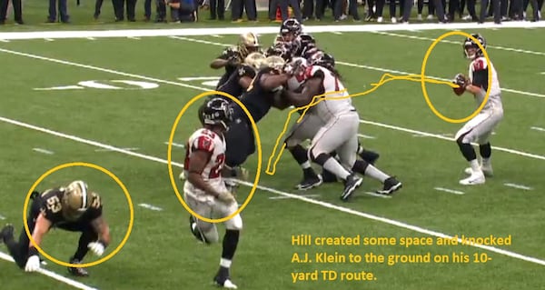 Falcons running back Brian Hill knocked Saints linebacker A.J. Klein to the ground on his route.  (Gamepass.nfl.com screen shot from Fox Broadcast)