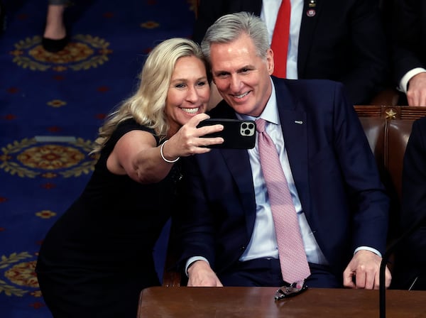 In this photo from Jan. 7, 2023, Rep. Marjorie Taylor Greene, R-Ga., takes a photo with U.S. House Republican Leader Kevin McCarthy, R-Calif., in the House Chamber at the U.S. Capitol Building in Washington, D.C. (Anna Moneymaker/Getty Images/TNS)