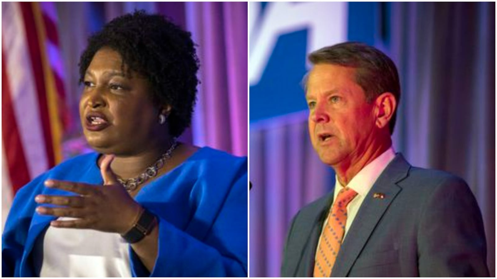 Georgia gubernatorial candidates Stacey Abrams, left, and Gov. Brian Kemp, right. (Stephen B. Morton / AJC).