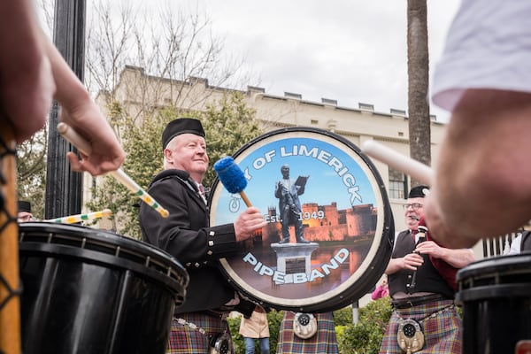 Members of the City of Limerick Pipe Band perform outside the Cathedral of St. John the Baptist in Savannah, GA on March 9, 2025.(Justin Taylor/The Atlanta Journal-Constitution)