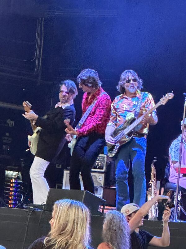 (L-R) Monkeyboy, Nick Niespodziani and Greg Lee of Yacht Rock Revue on stage at Ameris Park Amphitheatre in Alpharetta opening for Kenny Loggins Saturday, May 13, 2023. RODNEY HO/rho@ajc.com