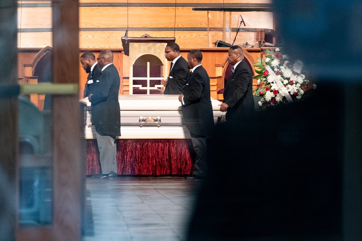 Pall bearers set Christine King Farris’ casket in the sanctuary of Ebenezer Baptist Church in Atlanta on Sunday, July 16, 2023 before the start of her funeral.  (Ben Gray / Ben@BenGray.com)