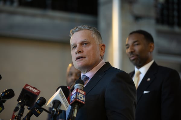 Incoming Department of Watershed Commissioner James “Gregory” Eyerly speaks alongside Mayor Andre Dickens at the Shirley C. Franklin Pumping Station on Tuesday, March 18, 2025, in Atlanta. (Riley Bunch/AJC)