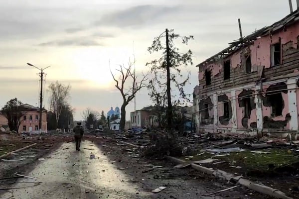 This photo taken from a video released by Russian Defense Ministry Press Service on Saturday, March 15, 2025, shows a view of Sudzha, the biggest town in the Kursk region of Russia after it was taken over by Russian troops. (Russian Defense Ministry Press Service via AP)