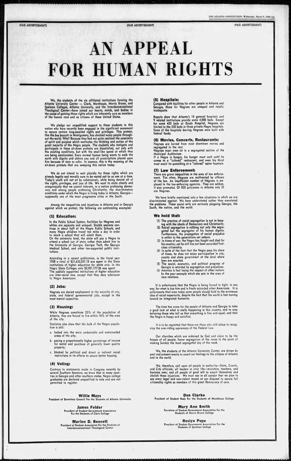 "An Appeal for Human Rights" appeared March 9, 1960, in The Atlanta Constitution