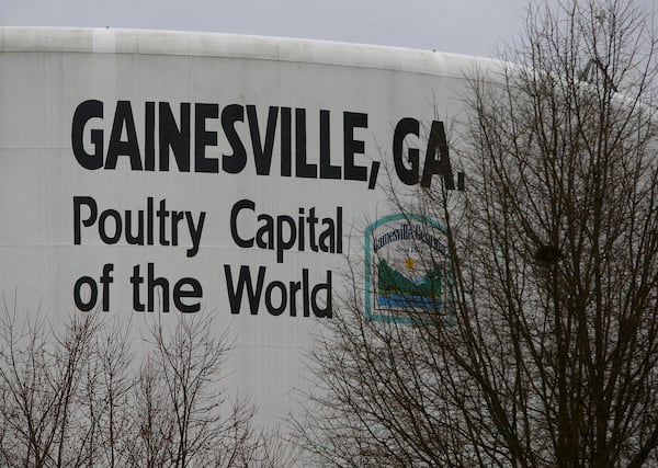 A water tank touts Gainesville as the poultry capital of the world. Curtis Compton / ccompton@ajc.com