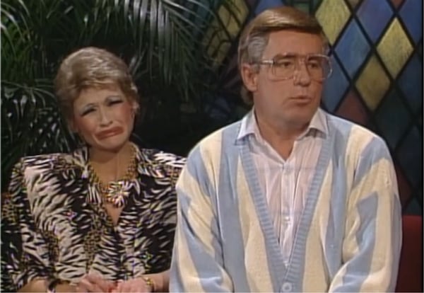 Jan Hooks (left) as Tammy Faye Bakker with Phil Hartman as Jim. CREDIT: NBC