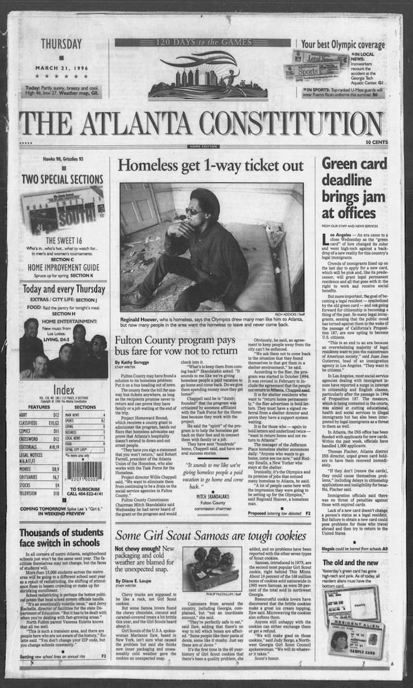 The Atlanta Constitution front page on March 21, 1996.