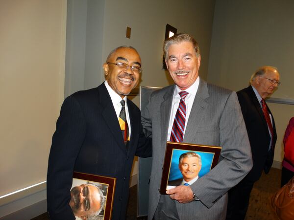 Mike Roberts and Ken Cook after they received their official entry into the Georgia Association of Broadcasters Hall of Fame. CREDIT: Rodney Ho/rho@ajc.com