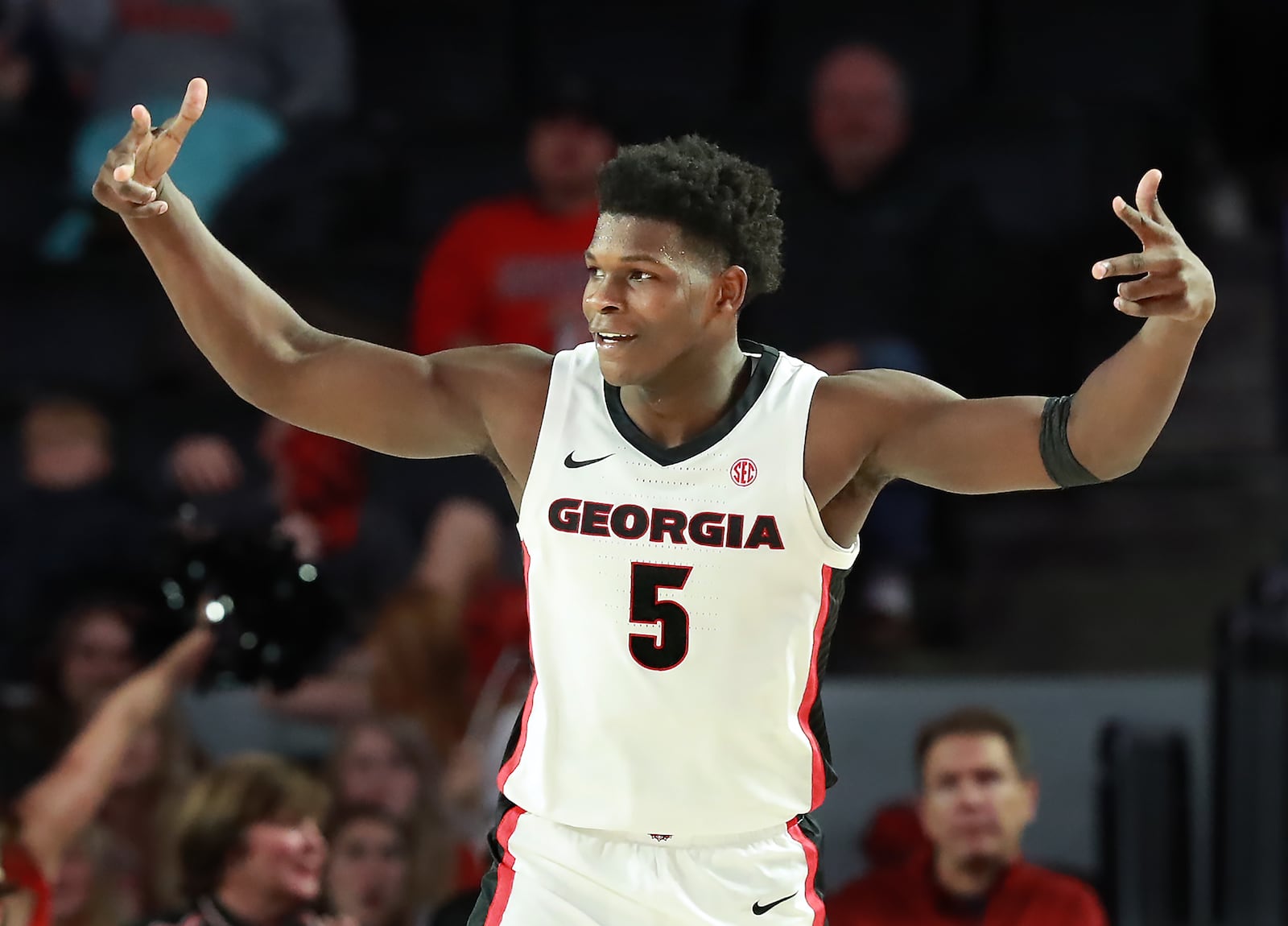 Georgia freshman Anthony “Ant-Man: Edwards reacts to hitting back-to-back three-pointers during the second half in a 95-86 victory over the Citadel in a NCAA college basketball game on Tuesday, November 12, 2019, in Athens.   Curtis Compton/ccompton@ajc.com