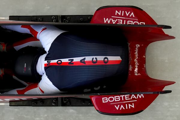 Antoine Riou, of Monaco, competes during his first run with Boris Vain, not pictured, in the two-man bobsled at the bobsledding world championships, Saturday, March 8, 2025, in Lake Placid, N.Y. (AP Photo/Julia Demaree Nikhinson)