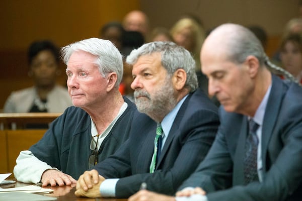 Tex McIver with his defense attorneys Don Samuel and Bruce Harvey. (Alyssa Pointer)