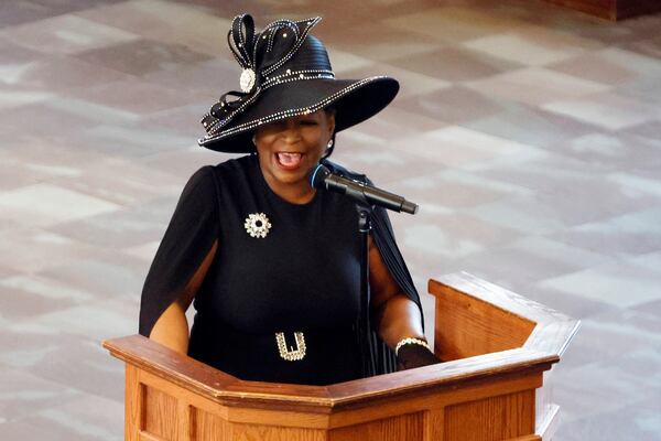 Angela Newton Farris speaks honoring the legacy during her mother’s funeral, Christine King Farris, at Ebenezer Baptist Church on Sunday, July 16, 2023. (Miguel Martinez/AJC)