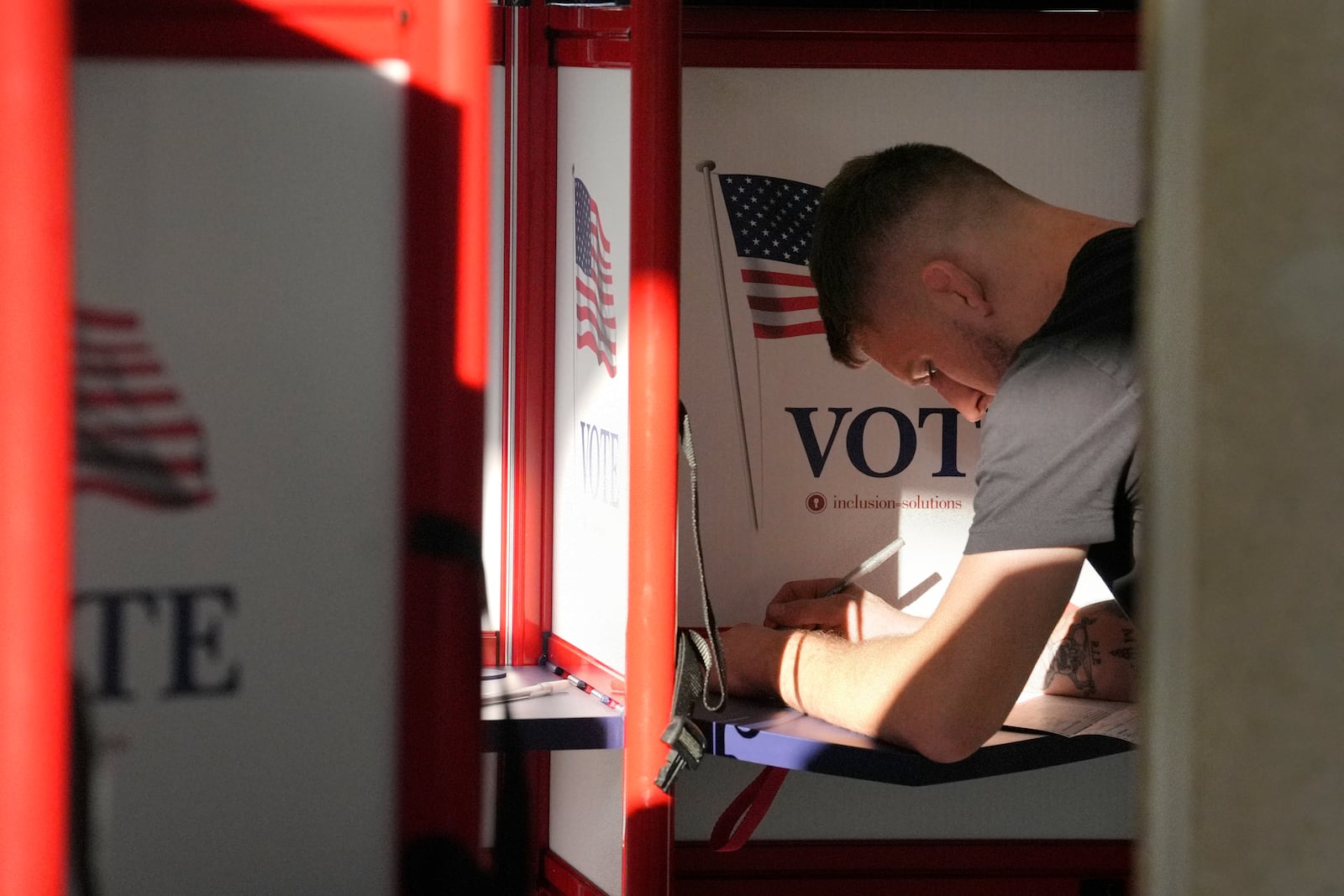 A voter fills out their their ballot during early voting in the general election, Friday, Nov. 1, 2024, in Fall River, Mass. (AP Photo/Steven Senne)