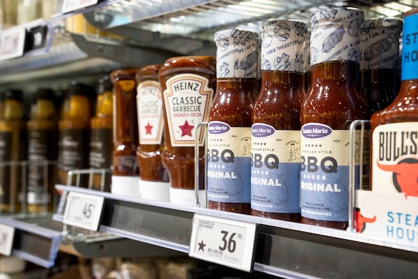 BBQ products with and without the star mark in Bilka in Randers, Denmark, making it easier for customers to buy European goods, Monday, March 17, 2025. (Bo Amstrup/Ritzau Scanpix via AP)