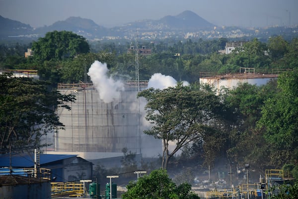 Smoke rises from the LG Polymers plant, the site of a chemical gas leakage, on Thursday.